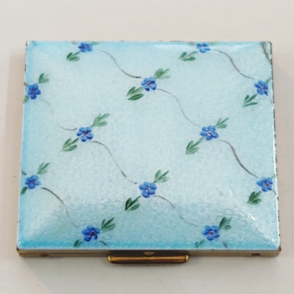 Vintage Blue Floral Guilloche Compact Mirror - Picture 2 of 5